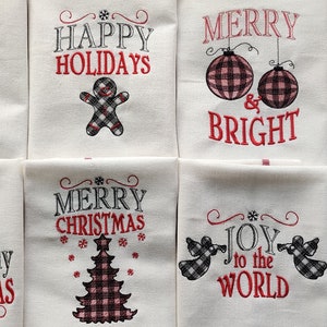 Merry Christmas gingham old fashioned classic Happy Holidays, Joy Kitchen dish towel quotes 6pcs machine embroidery designs 4x4, 5x7 image 2