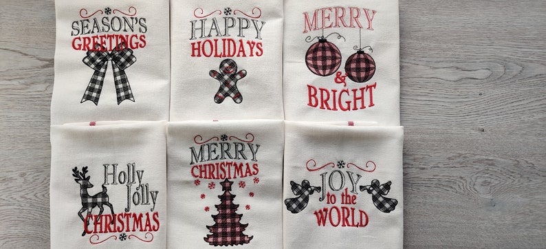 Merry Christmas gingham old fashioned classic Happy Holidays, Joy Kitchen dish towel quotes 6pcs machine embroidery designs 4x4, 5x7 image 3