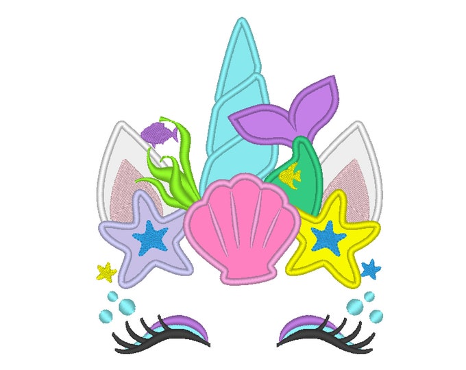 Mermaid Sea Unicorn head with shell and star crown applique machine embroidery designs Summertime unicorn face nautical, sea