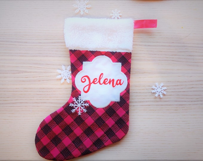 Gingham plaid 2 types Christmas Stockings and mini font Sock for advent, Easy to make In The Hoop ITH machine embroidery design Quilted