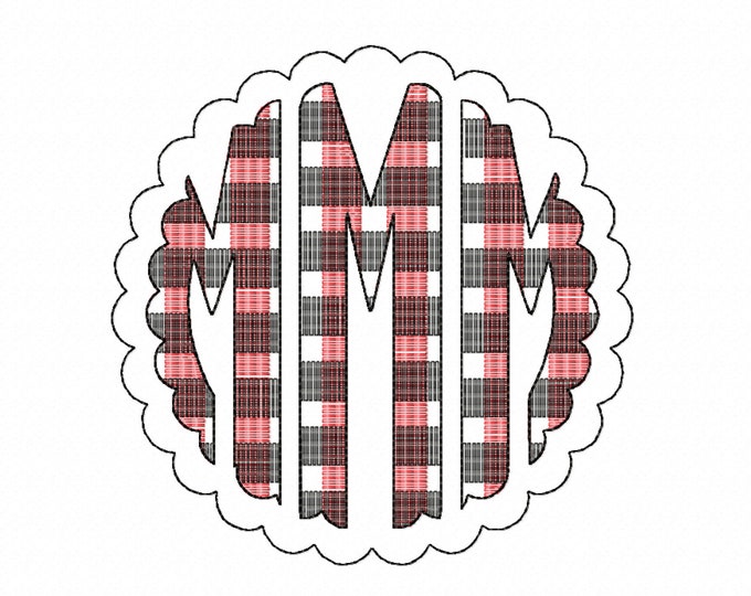 Scalloped Plaid gingham checkered Tartan Circle Monogram font machine embroidery design, classic three letters circled round monogram and BX