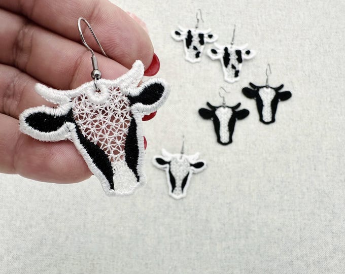 Cowgirl Cow Earrings SET of 3 types charm pendant FSL freestanding lace machine embroidery designs kids girls farm animal Cow design