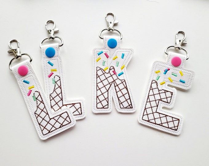 Ice cream ABC key fob snap tab Monogram kids keychain ornament gift tag letters A-Z ITH in the hoop machine embroidery designs for hoop 4x4