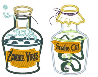 Bottles of Halloween poison - zombie virus and Snake oil - applique for hoop 4x4, 5x7 machine embroidery designs INSTANT DOWNLOAD