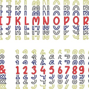 May include: A graphic alphabet and number set with a retro style. The letters and numbers are outlined in black and blue, with a red fill. The background is white.
