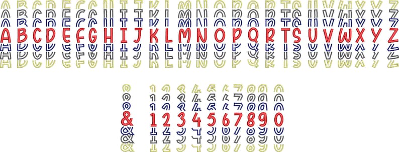 May include: A graphic alphabet and number set with a retro style. The letters and numbers are outlined in black and blue, with a red fill. The background is white.