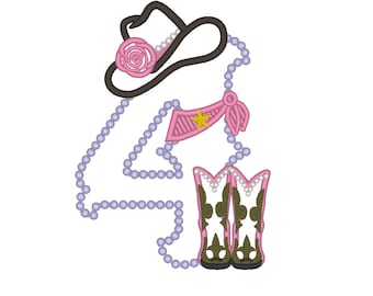 Lady Cowboy Birthday number 4 FOUR - one number - machine embroidery applique designs 5x7 farm girl cowgirl hat boots fourth birthday party