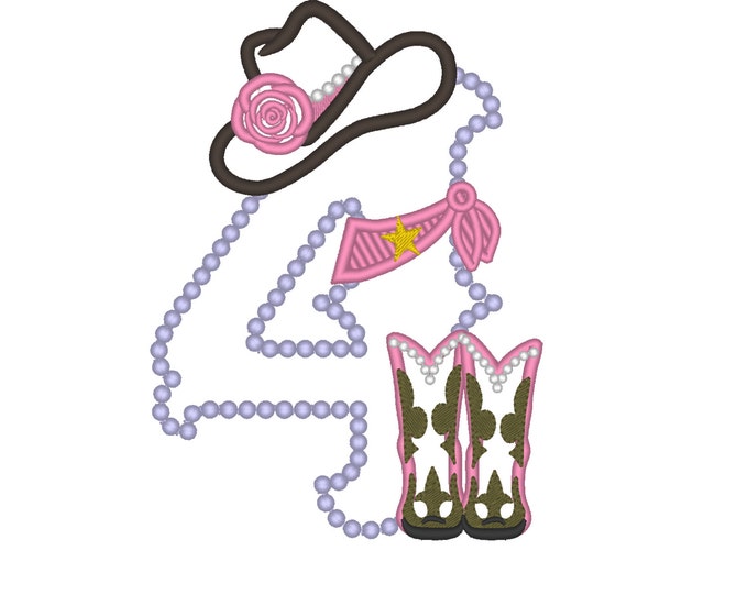 Lady Cowboy Birthday number 4 FOUR - one number - machine embroidery applique designs 5x7 farm girl cowgirl hat boots fourth birthday party