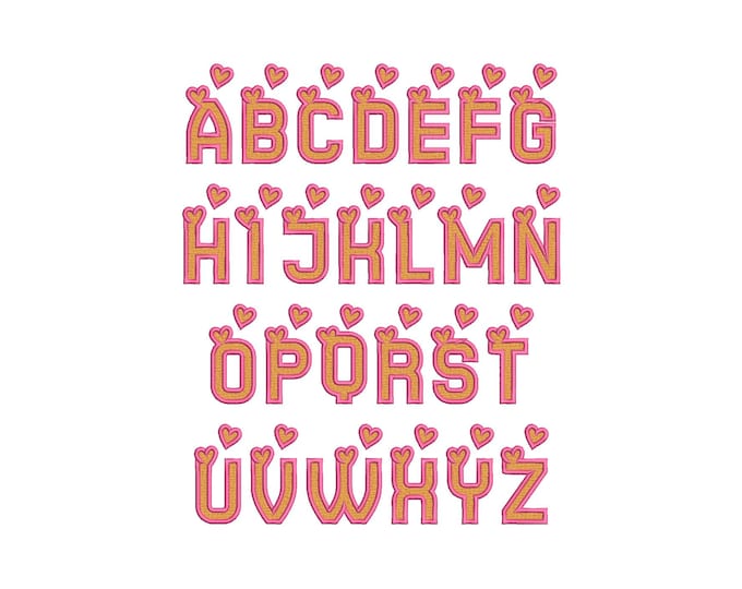 Heart Monogram FONT fill stitch and satin outline alphabet SET of 2 types machine embroidery designs Valentine letters sizes 2 up to 5 inch