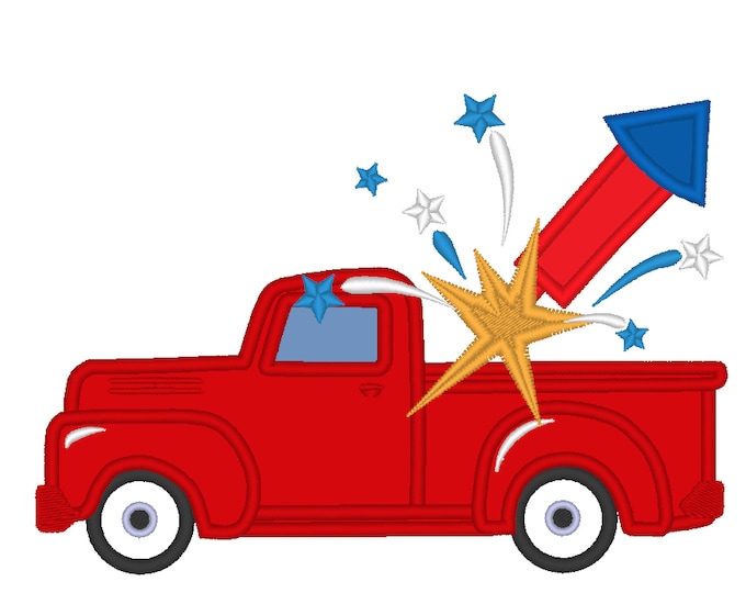 4th of July Vintage station wagon red truck back, truck with floating star machine embroidery applique designs