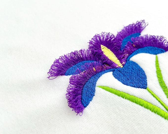 Fringed Fluffy Iris Flower single stem floral Fringe garden floral Iris machine embroidery designs instant download chenille fuzzy design