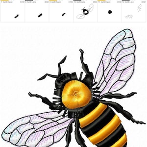 May include: A detailed embroidery design of a bee with black and yellow stripes, a yellow head, and translucent wings. The bee is facing right and has its wings spread out.