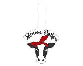 Moove heifer key fob, cow in bandanna ITH key fob snap tab mini machine embroidery design, keyfob keychain in the hoop embroidery project