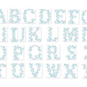 Monogram Frozen Font machine embroidery designs many sizes from 3 up to 8 inch swirl curl Christmas alphabet pretty girly snowflake letters
