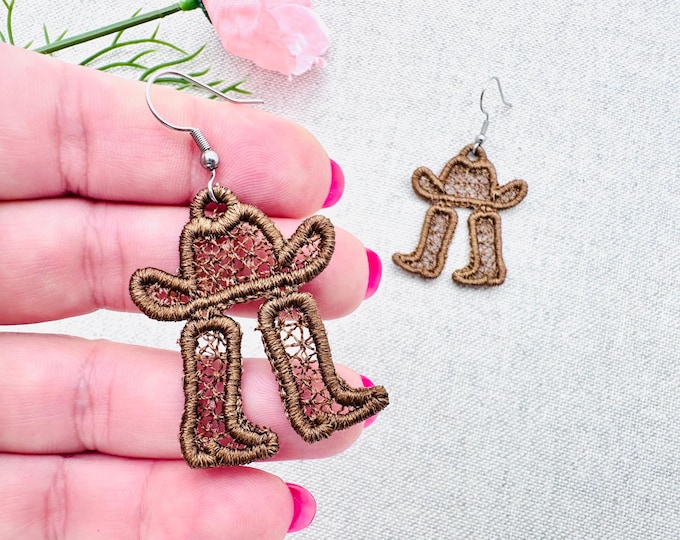 Cowboy Hat and Boots Cowgirl Earrings charm pendant FSL freestanding lace machine embroidery designs simply ITH in the hoop for kids girls