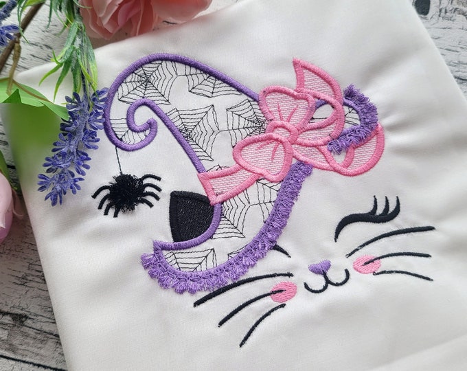 Pretty eyes Witch Cat Halloween kitty outline machine embroidery designs cat with fluffy spider web hat fringed edge witchy spooky look