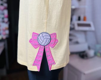 Volleyball Ball Bow Applique side bow machine embroidery designs ribbon Sports Girly Bow summer beach t-shirt split seam multiple sizes
