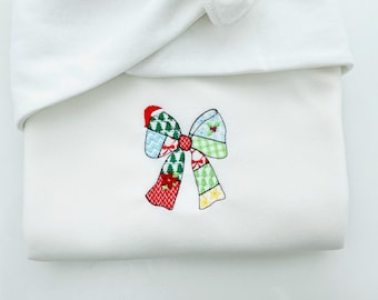 Patchwork Christmas Bow patterned silhouette outline Ribbon Santa hat kids baby girls machine embroidery designs many sizes 4 up to 8 inches
