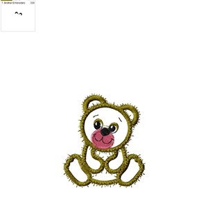 May include: A white teddy bear with a pink nose and brown eyes is sitting with its paws crossed. The bear is outlined in brown thread.