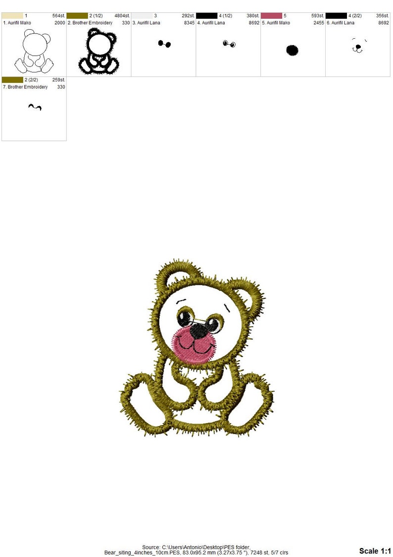 May include: A white teddy bear with a pink nose and brown eyes is sitting with its paws crossed. The bear is outlined in brown thread.