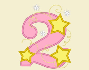TWO Stars Applique embroidery Design, Two birthday embroidery design,  2nd birthday applique design - two years old - 4x4,5x7 assorted sizes