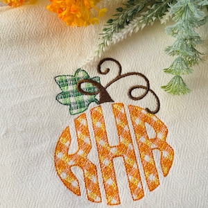 Pumpkin oval circle shape Monogram A-Z, plaid gingham checkered tartan buffalo Fall machine embroidery designs 1.5, 2, 3, 4, 5, 6in, BX incl