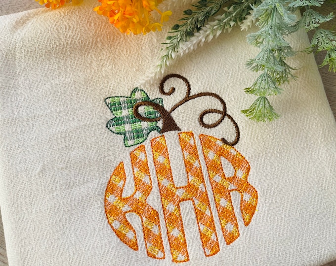 Pumpkin oval circle shape Monogram A-Z, plaid gingham checkered tartan buffalo Fall machine embroidery designs 1.5, 2, 3, 4, 5, 6in, BX incl