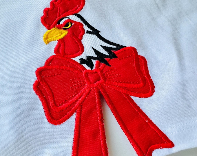 Awesome Rooster split seam cutout Side Bow Applique machine embroidery designs for kids girls t-shirt sweatshirt Farm bird sizes 7, 8, 9in