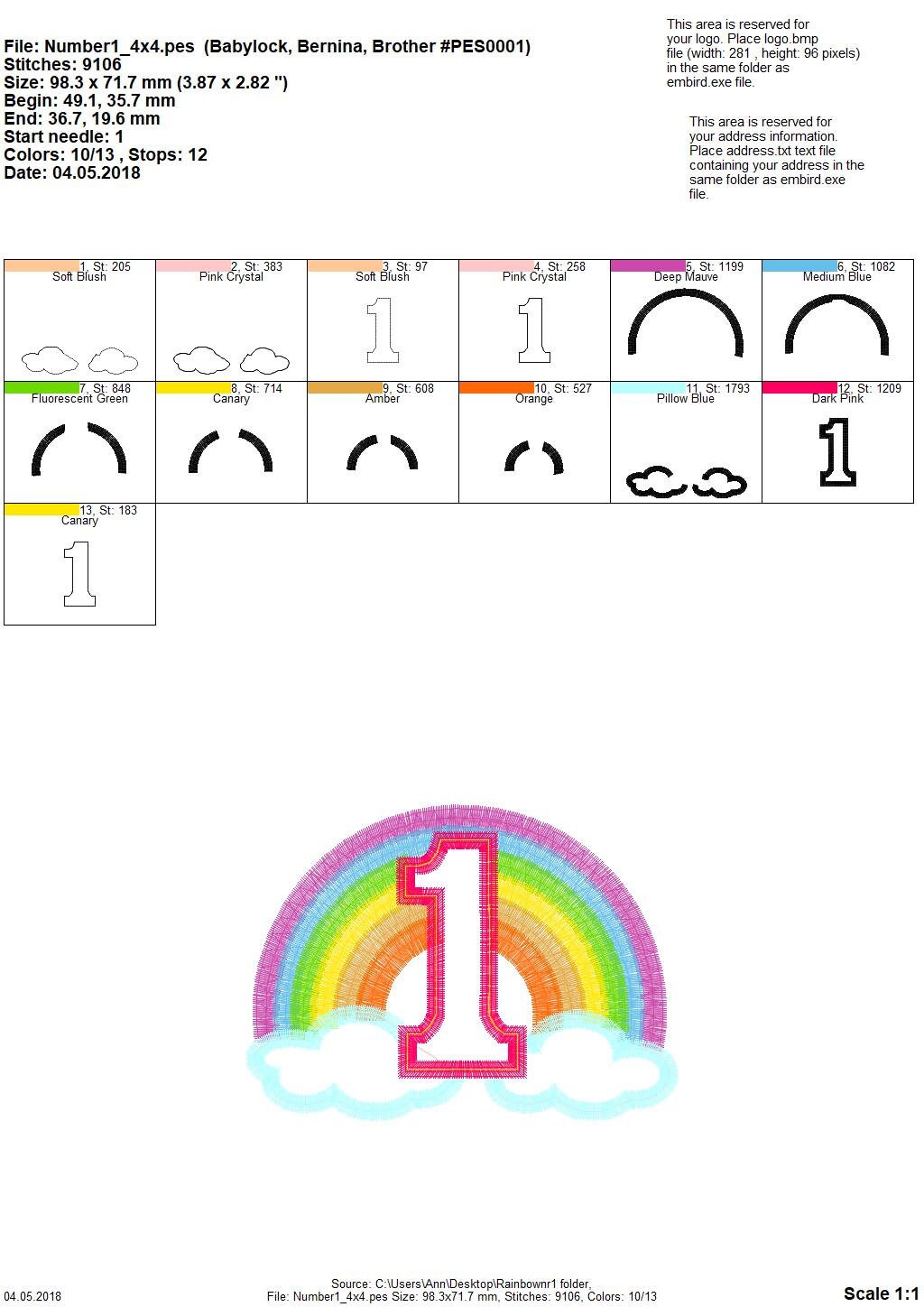 Cute Rainbow Birthday Number 1 ONE only machine embroidery | Etsy