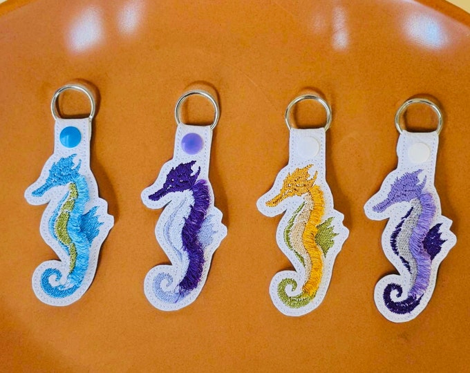 Fringed Seahorse Eyelet and Key fob Snap Tab keychain ITH machine embroidery designs fringe in the hoop summer beach sea ocean backpack tag