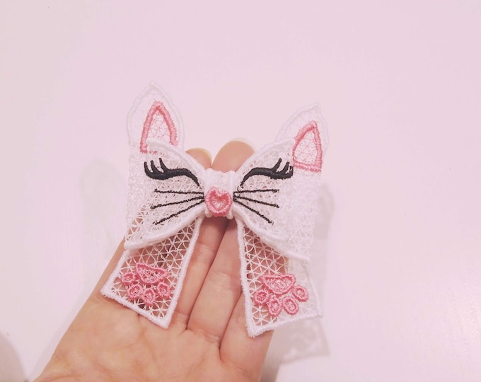 Kitty face Double layer Big bow Little Princess - FSL, Free standing lace, curl Bow - machine embroidery design 5x7