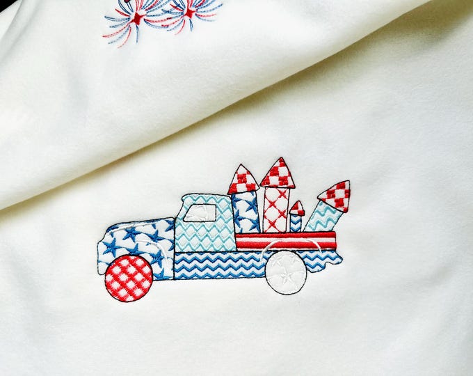 Patriotic Patchwork Red Truck patterned Truck outline boys machine embroidery designs sizes 5 up to 7 inches American 4th of July Fireworks