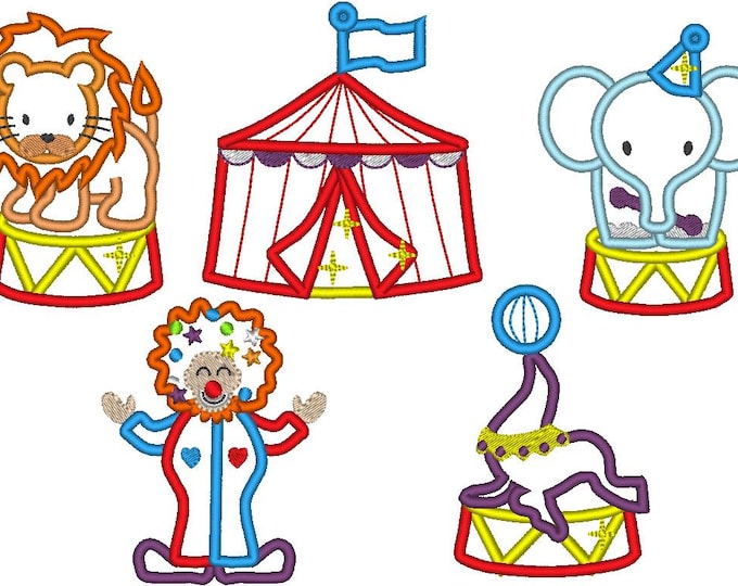 Circus set - 5 single designs- machine embroidery applique design - 4x4 and 5x7 INSTANT DOWNLOAD