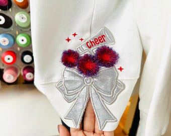 Cheer Sports Cheerleader fringed pompoms easy to do Megaphone Bow Applique side seam Bow machine embroidery designs split seam Girly t-shirt