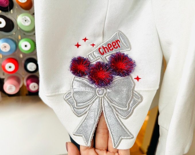 Cheer Sports Cheerleader fringed pompoms easy to do Megaphone Bow Applique side seam Bow machine embroidery designs split seam Girly t-shirt