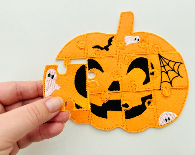 Halloween Pumpkin Jack O Lantern Puzzle ITH in the hoop kids game idea machine embroidery designs sizes for hoop  5x7  6x10 8x8 felt feltie