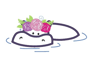 Hippo Baby with flowers floral crown roses Applique Design Baby Hippo machine embroidery designs for hoop 4x4  5x7 cute mammal hippopotamus