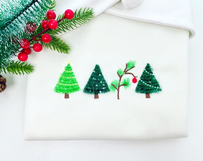 Fringed fluffy Christmas Tree Four in row pine forest fringe fur chenille machine embroidery designs sizes 7 up to 9 inch and for hoop 4x4