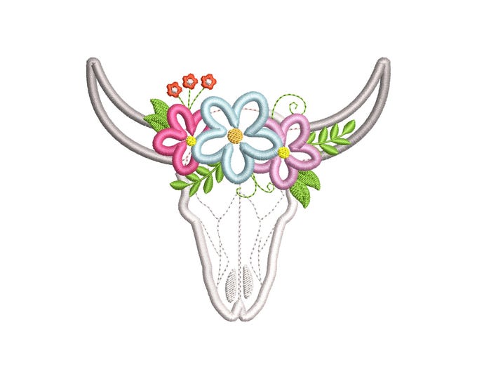 Cow Bull skull with shabby chick flowers crown Applique floral Bull Antlers machine embroidery designs Cow farm animal sizes 4 up to 7 inch