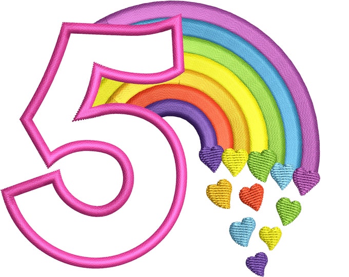 Cute Rainbow Birthday Number 5 FIVE machine embroidery applique designs size 4, 5, 6 and 7 inches, rainbow baby birthday number 5