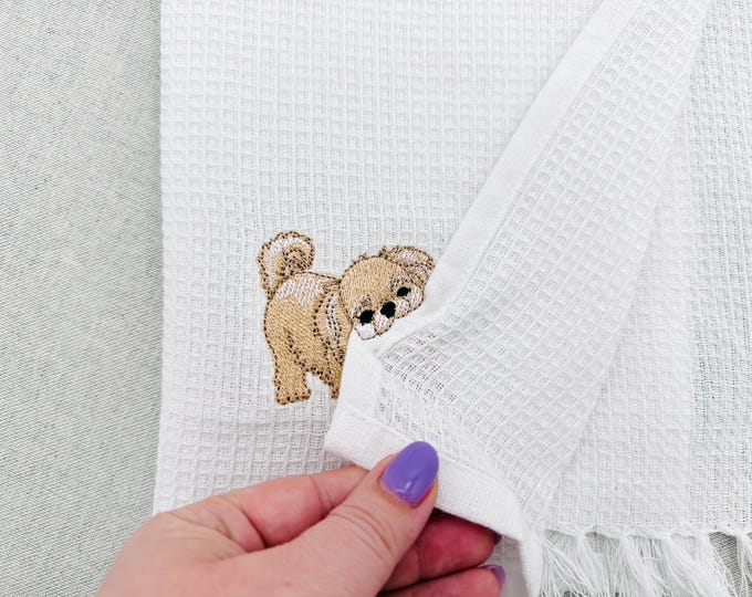 Lovely Playing Little Pekingese Puppy Dog Mama kitchen dish towel animal pet thief machine embroidery designs ITH project simply in the hoop