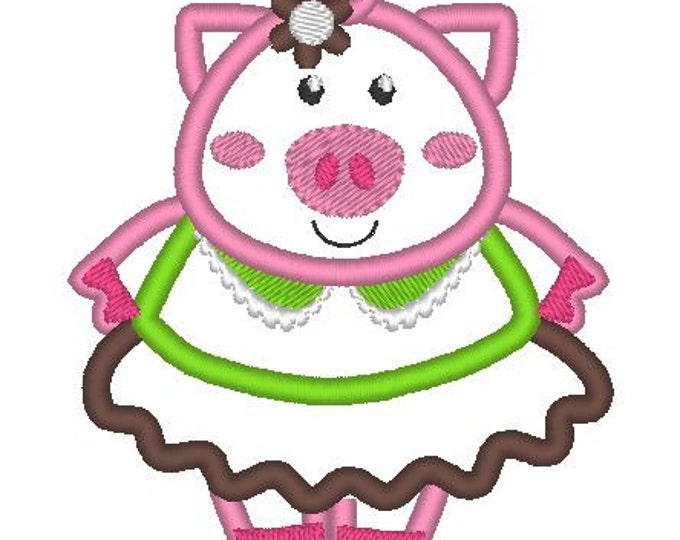 Girly piggy piggie Pig Girl in a dress pretty cute Miss Piglet Applique machine embroidery designs in assorted sizes kids baby applique