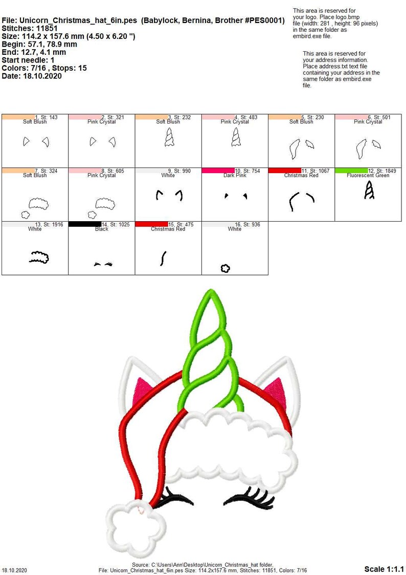 May include: A machine embroidery design of a unicorn wearing a red and white Santa hat with a green horn. The design is 4.5 inches by 6.2 inches and has 11,851 stitches.