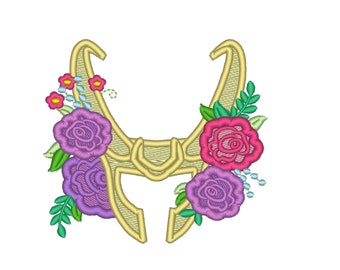 Loki Flowers Loki mask with flowers floral crown roses fill stitch  Design machine embroidery applique designs 4x4 5x7 6x10