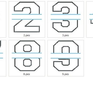 May include: A set of ten black and white outlined numbers, 0 through 9, with a horizontal line across the middle of each number. The numbers are in a bold, blocky font style.