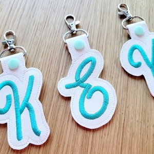 Key fob snap tab Monogram script initial letters from A up to Z in the hoop ITH keyfob bag tag keychain machine embroidery designs hoop 4x4