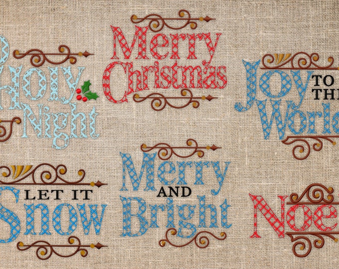 Merry Christmas quote saying SET of 6 machine embroidery designs for hoop 5x7, Let it Snow, Merry and Bright, Joy to the World, Holly Night