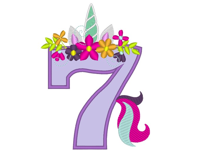 Unicorn number seven 7 with flowers crown Unicorn Tail Birthday number seven, single Unicorn number birthday outfit, Unicorn rainbow 4x4 5x7