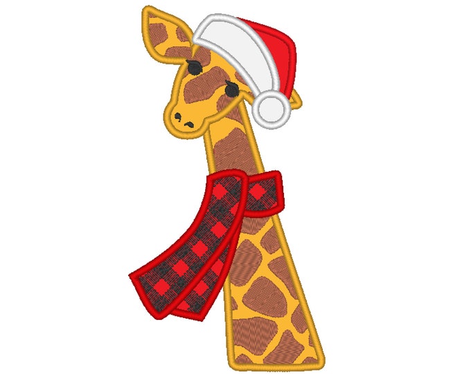 Plaid Checked Christmas scarf Giraffe head with Santa hat Merry Christmas Applique machine embroidery designs sizes for hoop 4x4, 5x7, 6x10