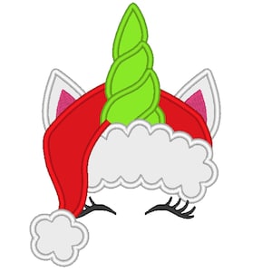 May include: A white unicorn wearing a red Santa hat with a green spiral horn. The unicorn has closed eyes and a white fluffy trim on the hat.